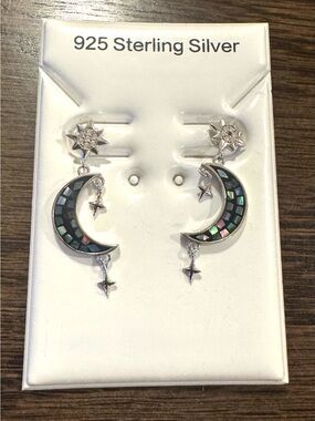 Sterling Silver Celestial Moon Star Mother of Pearl Inlay Drop Earrings Abalone